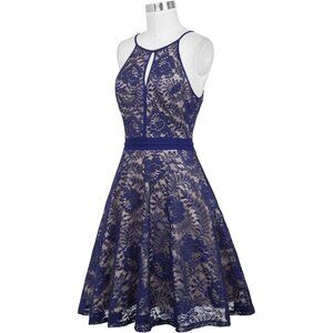 KATE KASIN (M) Navy Blue Nude Floral Lace Dress Sleeveless A-Line Skater